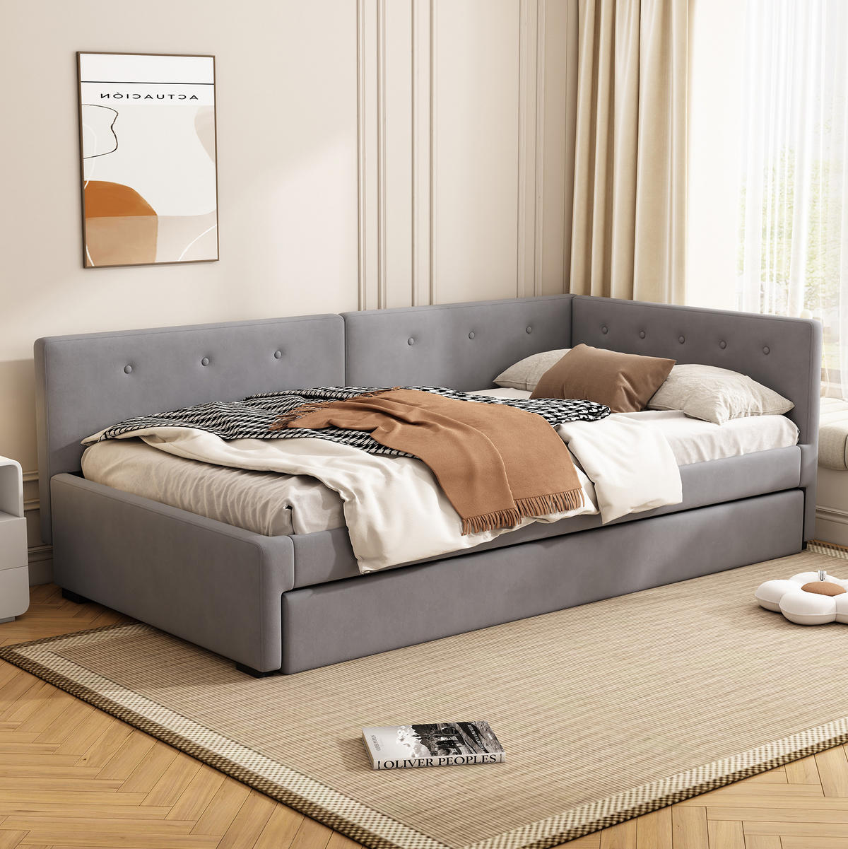 TAGESBETT aus Samt und MDF 90x200 cm Grau mit ausziehbarem Rollbett - Grau, Textil (90/200cm) - IVMEU