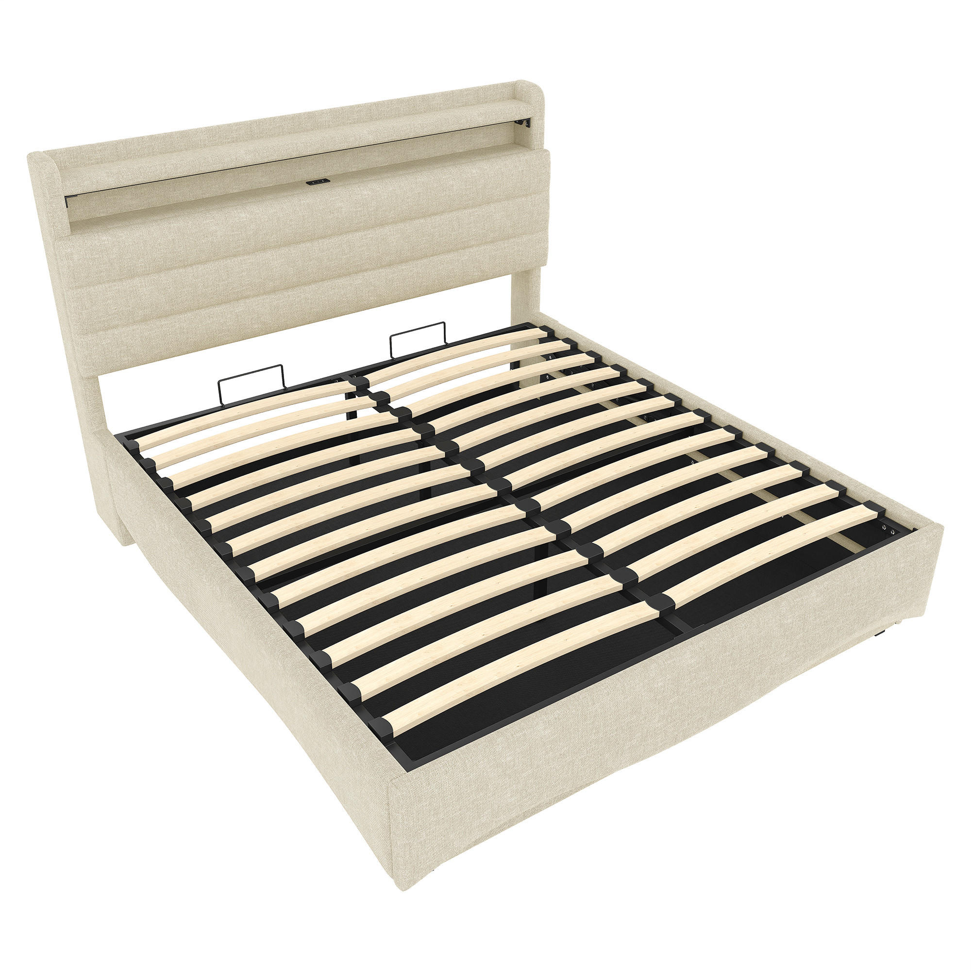 STAURAUMBETT 140/200 cm DE-04971, mit LED und Hydraulik in Beige - Beige, Holzwerkstoff/Metall (140/200cm) - ComfortXL