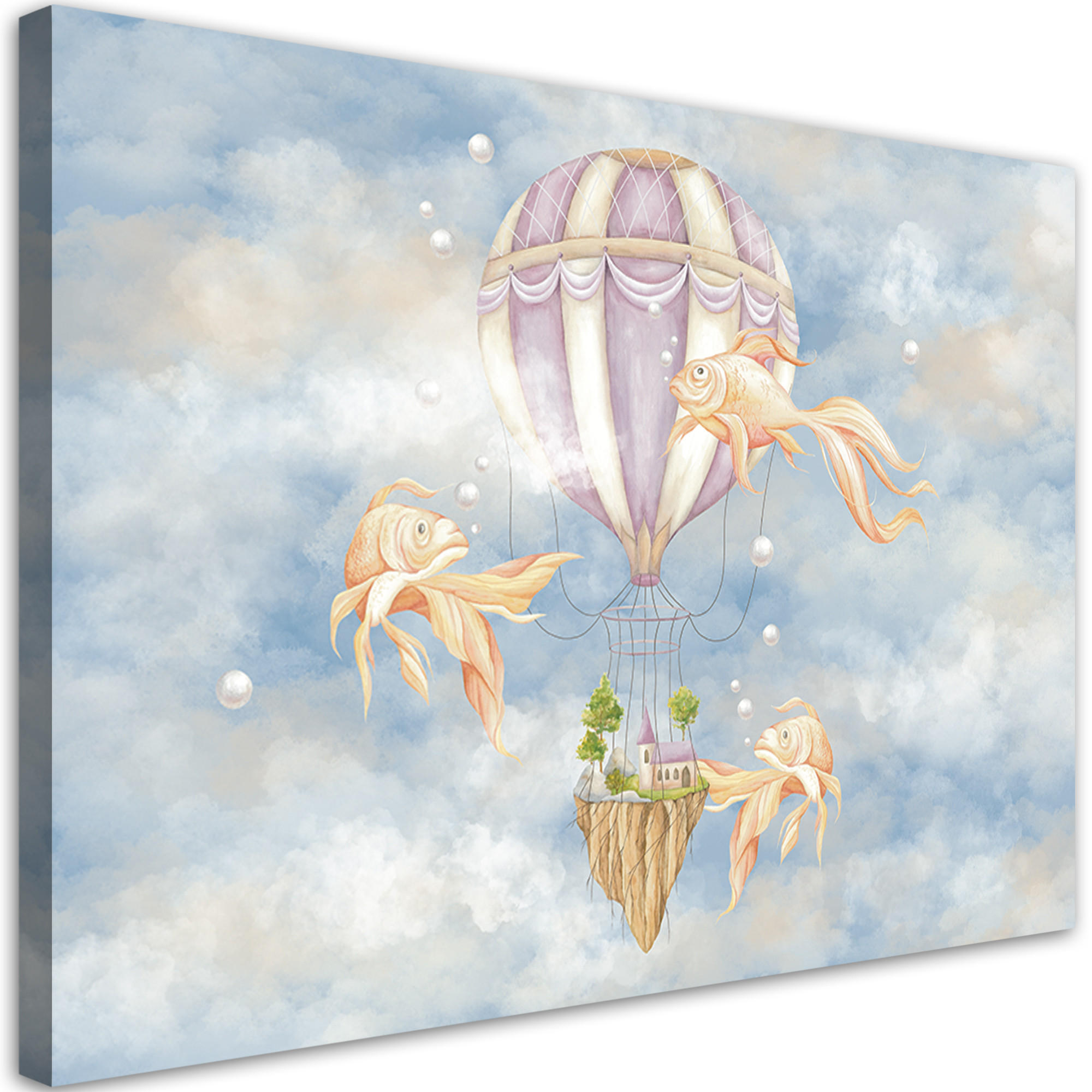 WANDBILD heißluftballon fliegendes haus und fisch - Blau, Textil (60/40cm) - Feeby