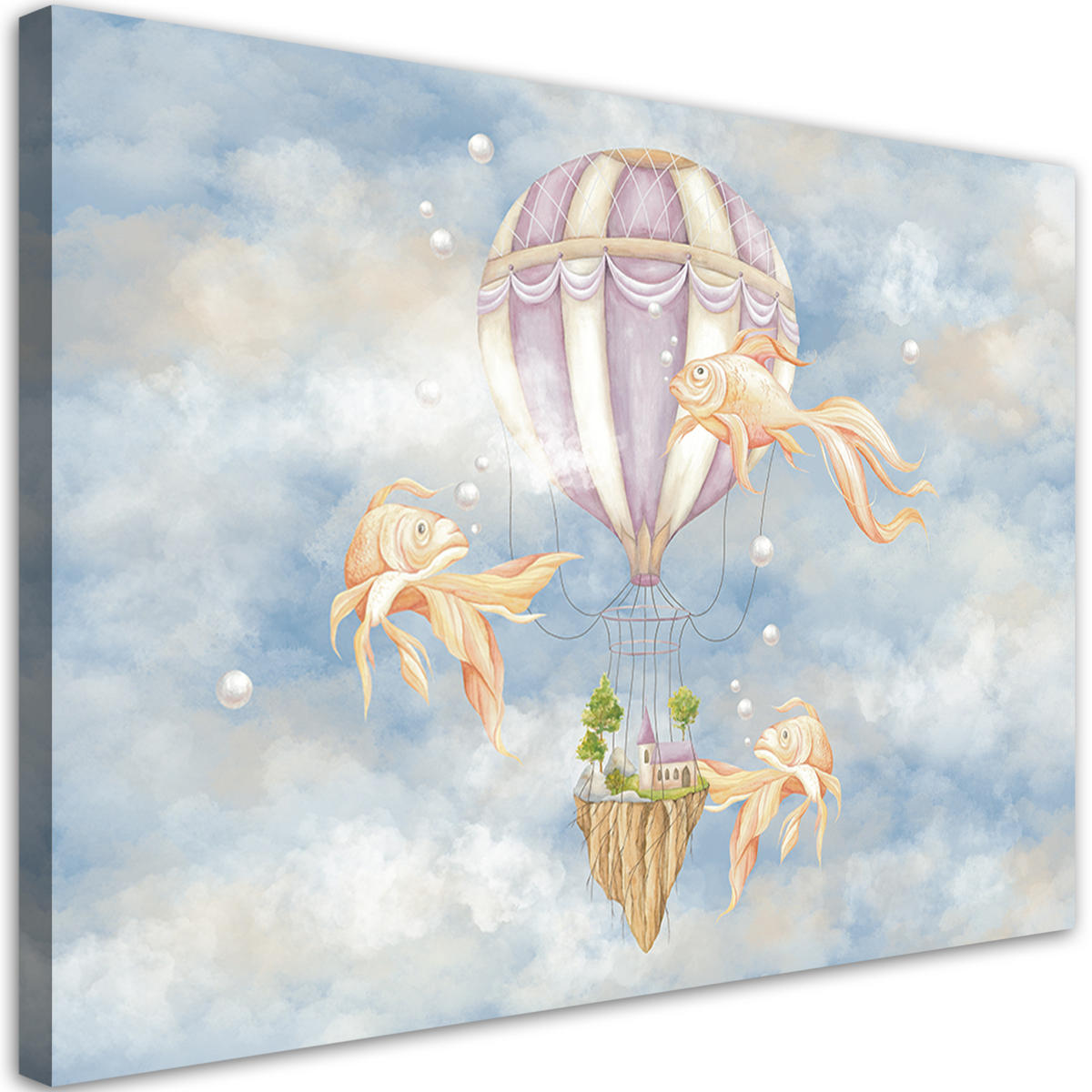 WANDBILD heißluftballon fliegendes haus und fisch - Blau, Textil (60/40cm) - Feeby