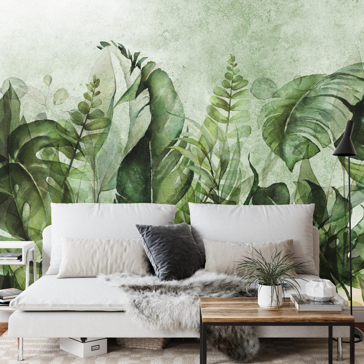 FOTOTAPETE für Wohnzimmer Grüne Blätter auf Beton 150x105 - Schwarz/Grün, Papier (150/105cm) - Muralo
