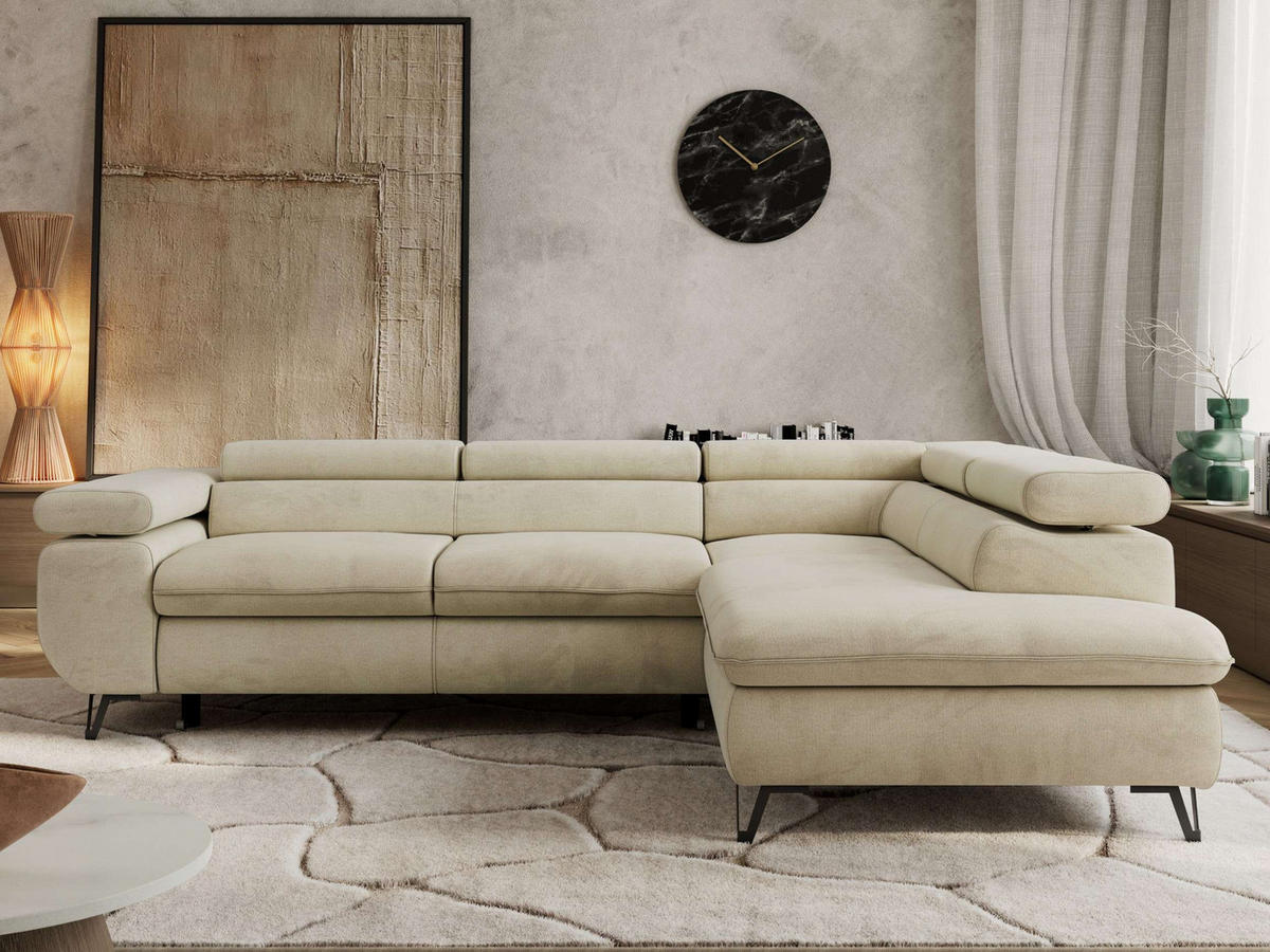 ECKSOFA PABLO L Beige Velvet - Rechts Seite mit Visco Topper - Beige/Schwarz, Textil/Metall (273/208cm) - MKS