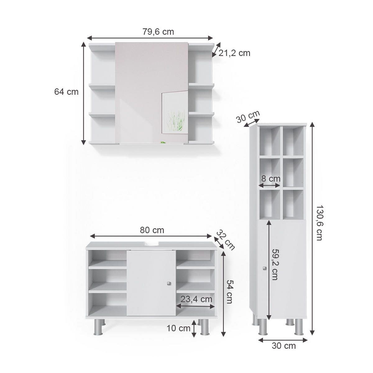 BADMÖBEL-SET Fynn Weiß 3 Teile, mit Midischrank Tür groß - Weiß, Holzwerkstoff (60/54/32cm) - Vicco