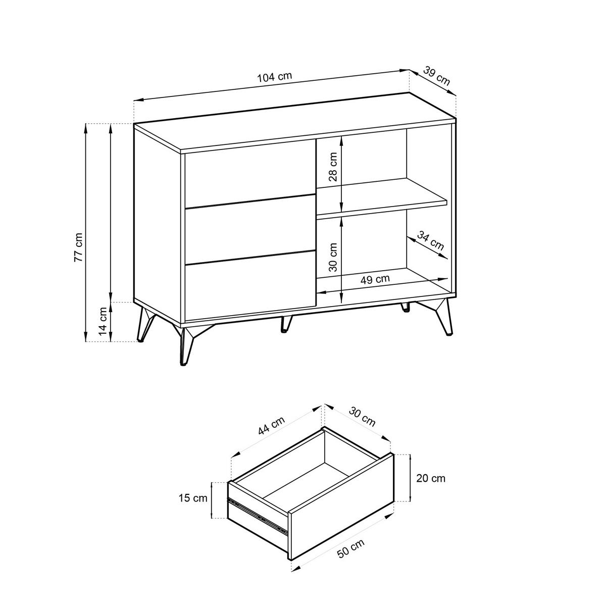 SIDEBOARD Boulia Schwarz mit Fischgrätfronten in Eiche 104 cm - Eichefarben/Schwarz, Holzwerkstoff/Metall (104/77/39cm) - Selsey