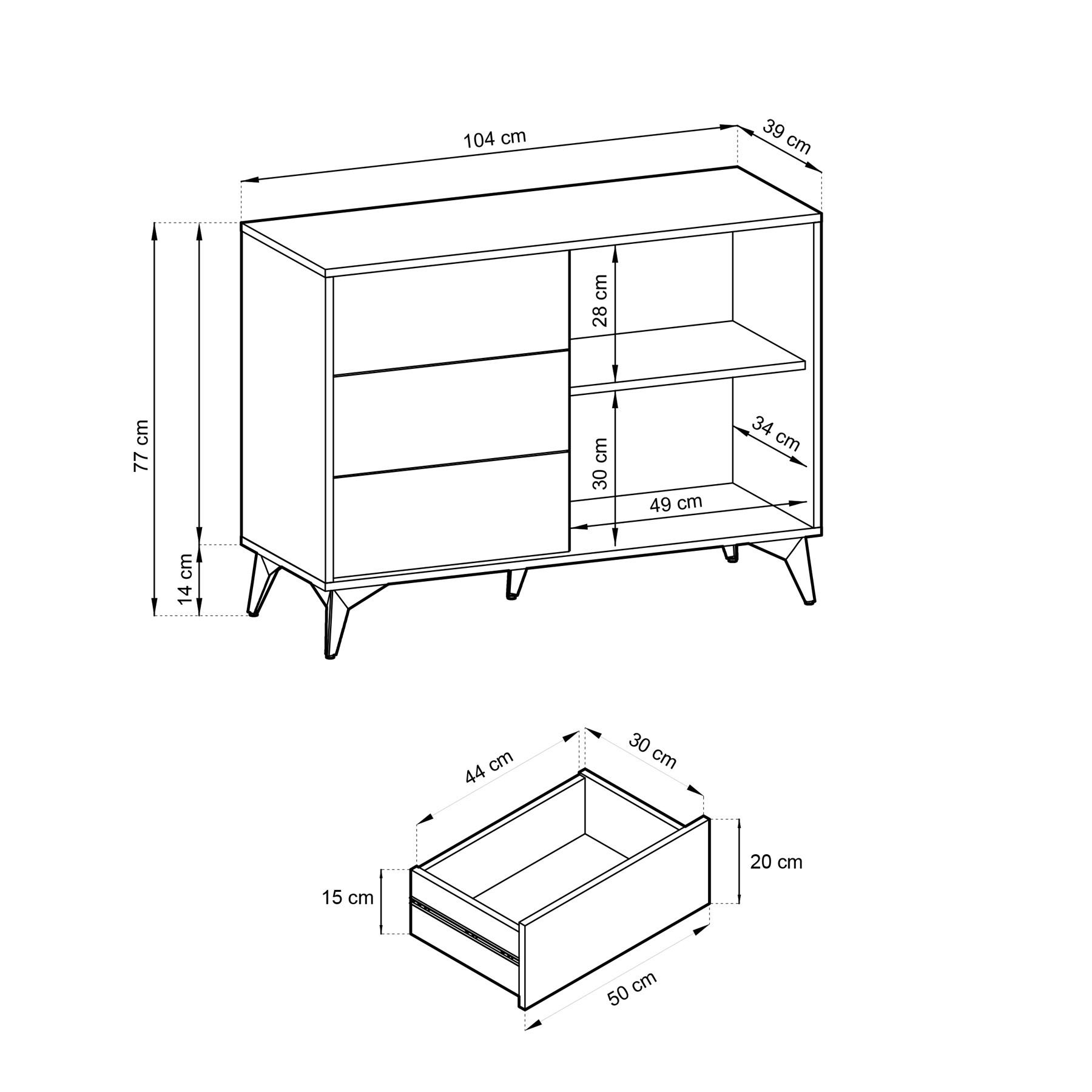 Thumbnail - Selsey Sideboard, Schwarz, Holzwerkstoff, 2 Fächer, 3 Schubladen, konisch, 104x77x39 cm, Wohnzimmer, Kommoden & Sideboar...