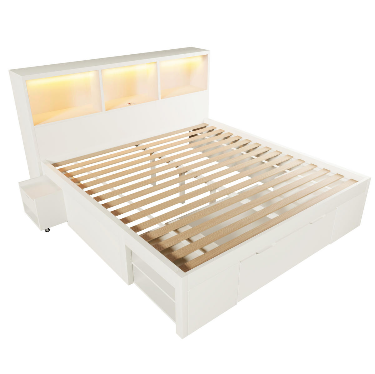 DREVENÁ posteľ 140x190 cm biela s úložným priestorom, LED osvetlením, USB-C a pohyblivým nočným stolíkom - biela, kompozitné drevo (140/190cm) - Modfu