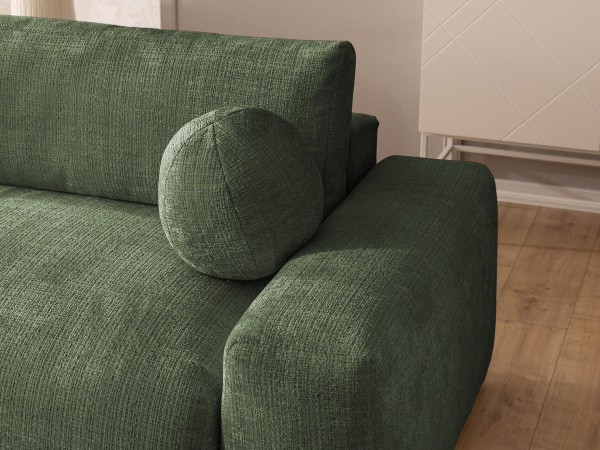 ECKSOFA Puffy mit Schlaffunktion und Bettkasten - besonders weich und puffig aus Grün Chenille-Stoff - Ottomane links - Schwarz/Grün, Holz/Kunststoff (138/266cm) - S-Style Möbel