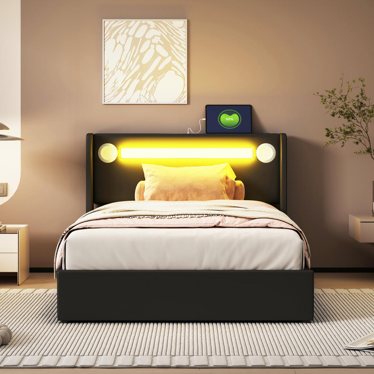 POLSTERBETT 90/200 cm schwarz mit LED-Beleuchtung und Bluetooth-Player - Schwarz, Kunststoff (90/200cm) - OKWISH