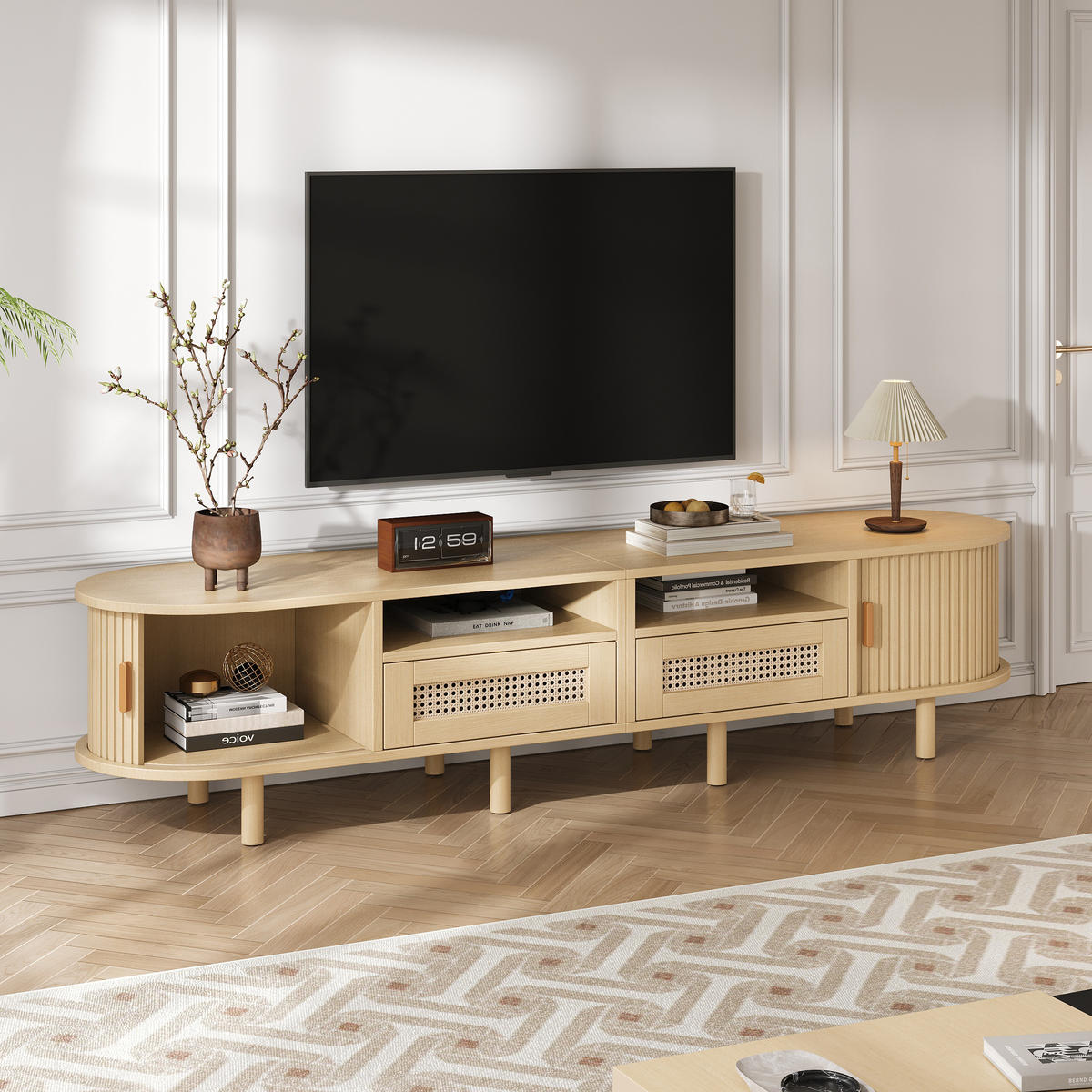 TV-ELEMENT 170/40/40 cm Holzoptik mit Rattan-Optik, Schiebetüren und Schubladen - Eichefarben, Holzwerkstoff (40/40/170cm) - Korfee