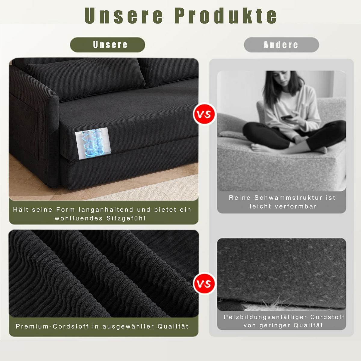 2-SITZER SCHLAFSOFA Cord Schwarz mit 2 Lendenkissen und Magazintaschen - Schwarz, Holzwerkstoff/Textil (165/67/212cm) - WISHDOR