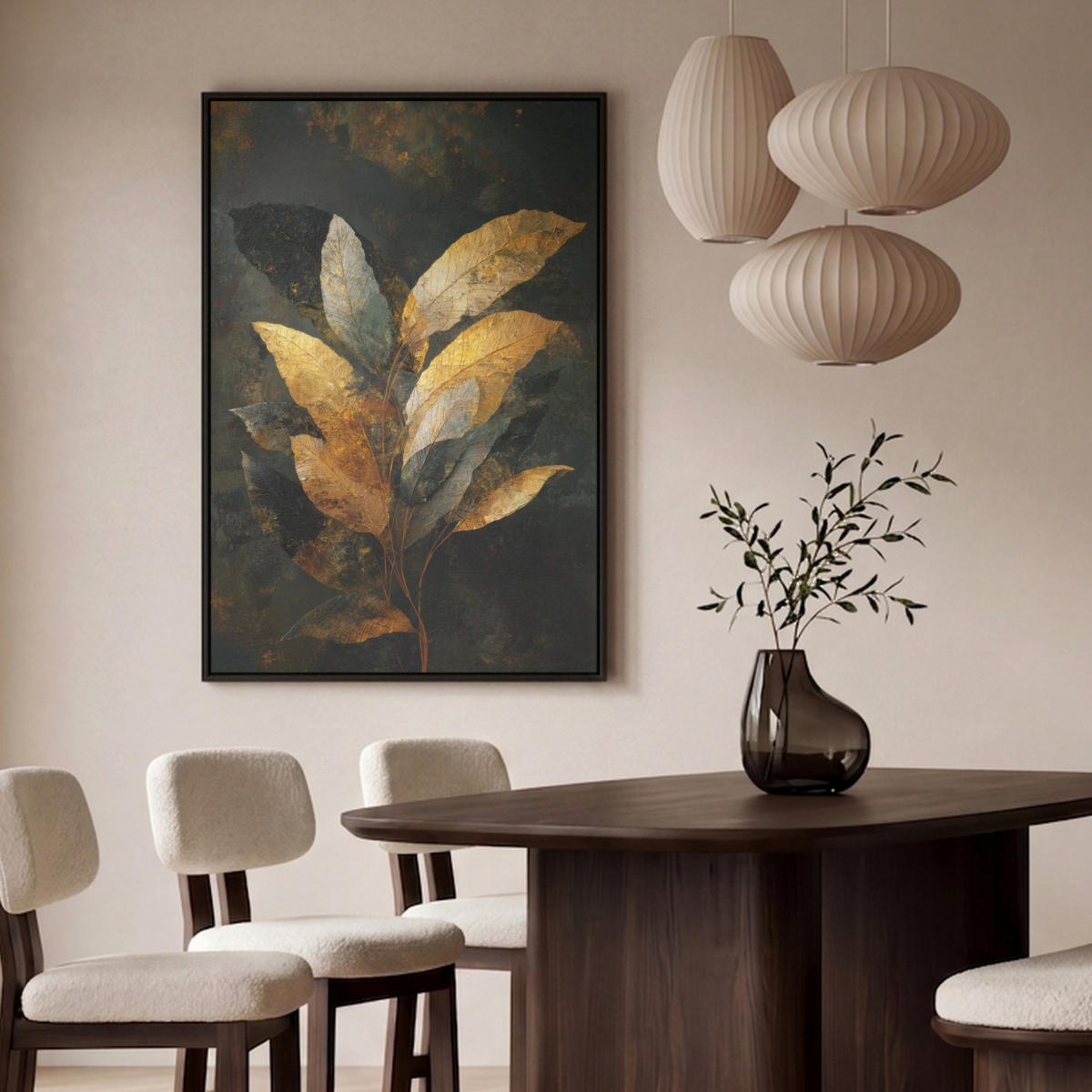 LEINWAND Bilder mit Rahmen - Golden Leaf Komposition - Botanical Luxury - 90x140 - Goldfarben, Textil (90/140cm) - MuchoWow