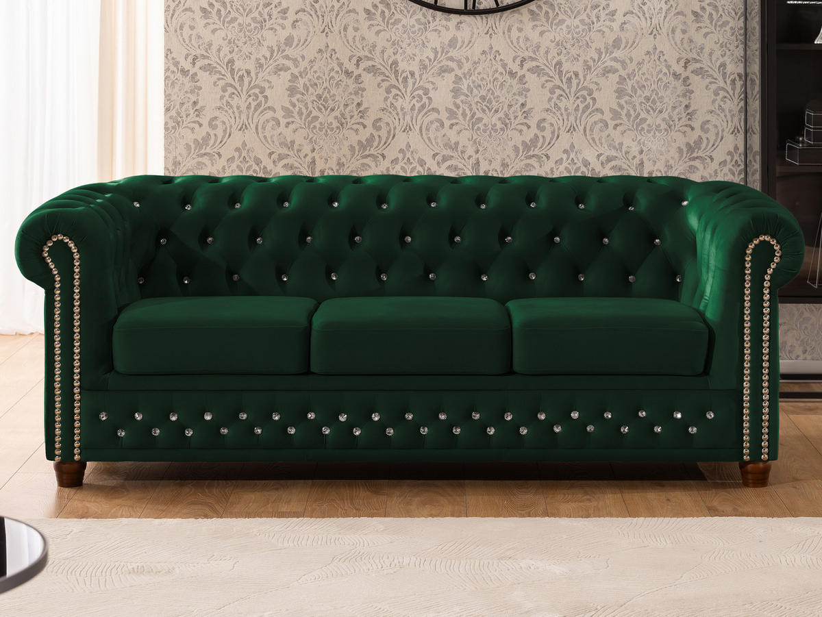 SITZGARNITUR 3+2 Chesterfield Cleo Blink Flasche Grün Samt mit Kristallsteppung und braunen Massivholzfüßen - Braun/Grün, Holz/Textil (203/72/86cm) - S-Style Möbel