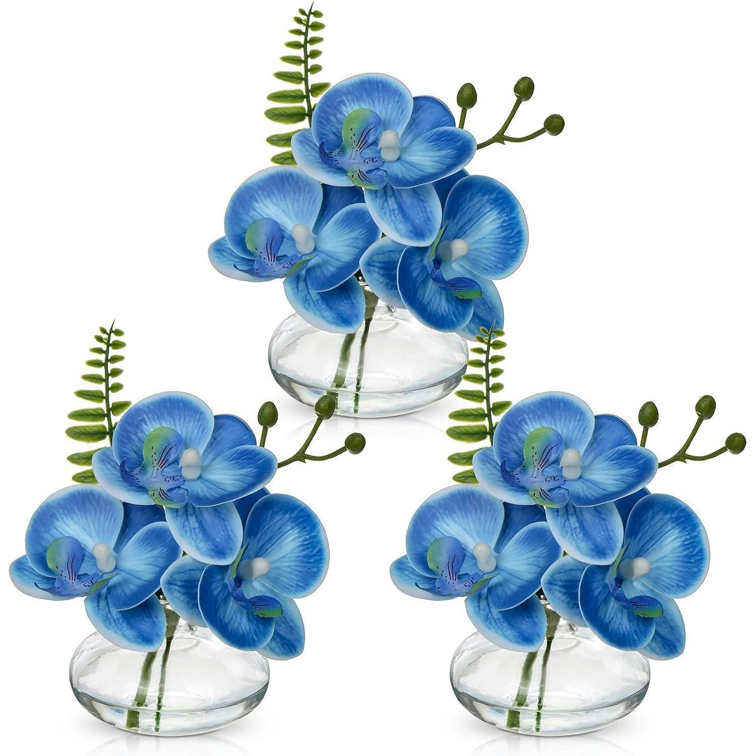 KUNSTBLUMEN 3er Set Phalaenopsis blau mit Glasvase - Blau, Kunststoff (12cm)