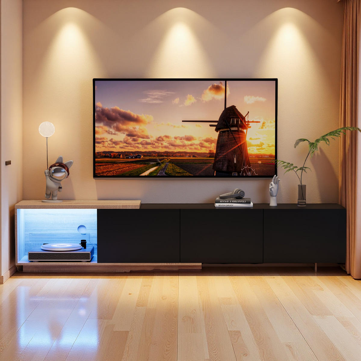 SVART utdragbar TV-skåp med LED-belysning och lådor - Svart, Träbaserade material (38/44/240cm) - SHOPENTRA