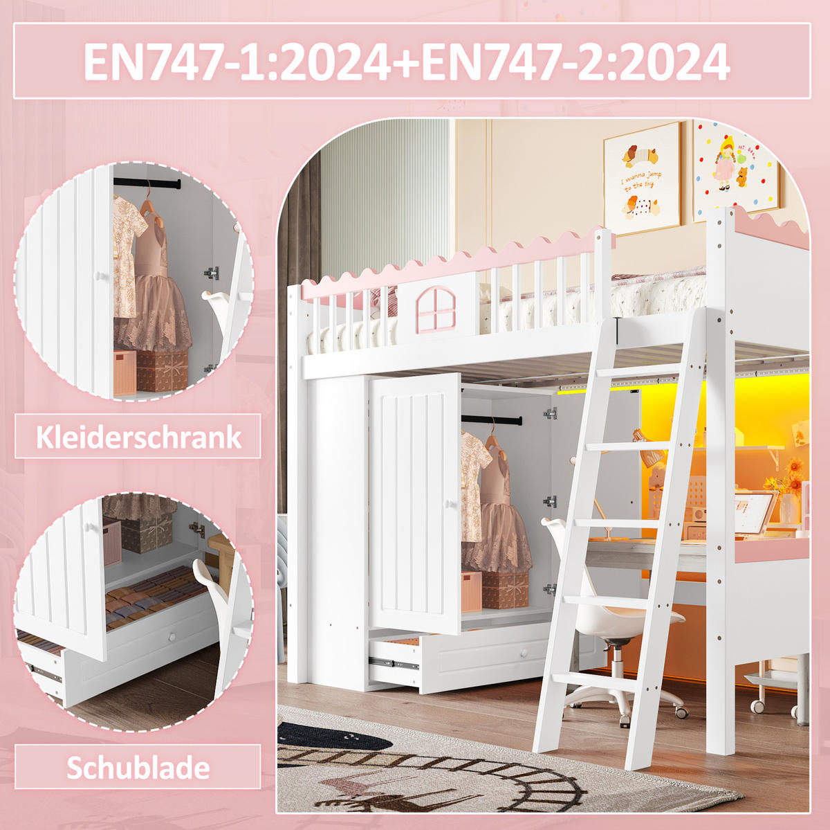 HOCHBETT 90/200 cm Weiß mit LED-Leuchten und Kleiderschrank mit Matratze - Weiß, Holzwerkstoff (90/200cm) - OKWISH