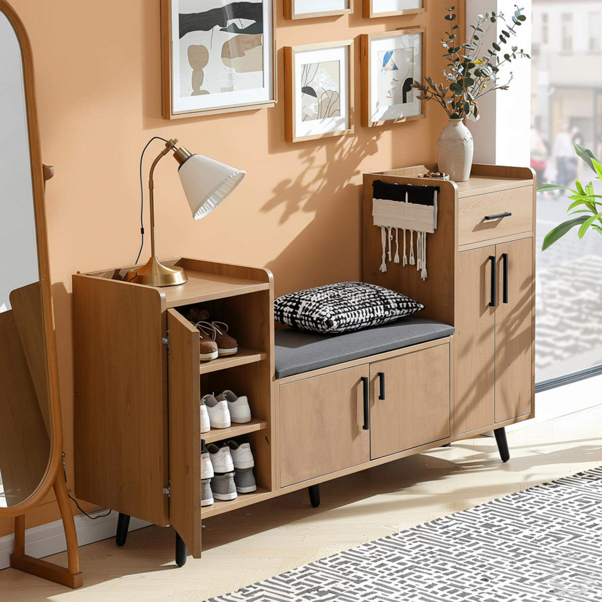 SCHUHBANK 100 cm Natur mit Stauraum, 3 Türen und gepolstertem Sitz für Flur - Naturfarben, Holzwerkstoff (100/68.5/34cm) - Urban Meuble