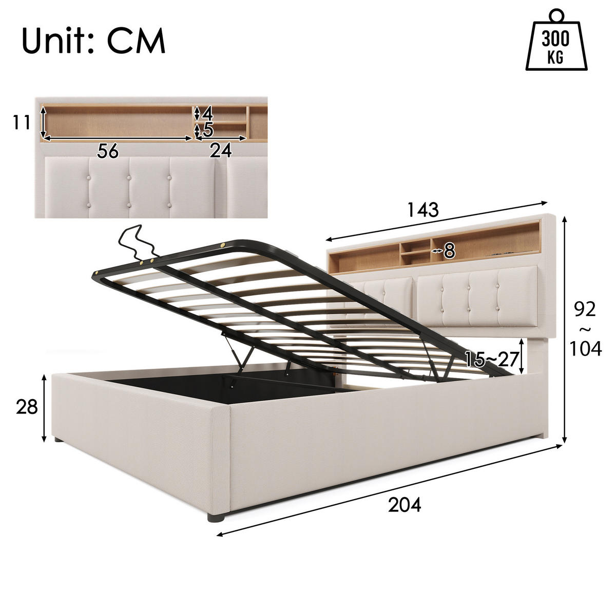 POLSTERBETT aus Leinen 140x200 cm Beige mit Matratze, Stauraum, USB- und Type-C-Anschluss - Beige, Textil (140/200cm) - IVMEU