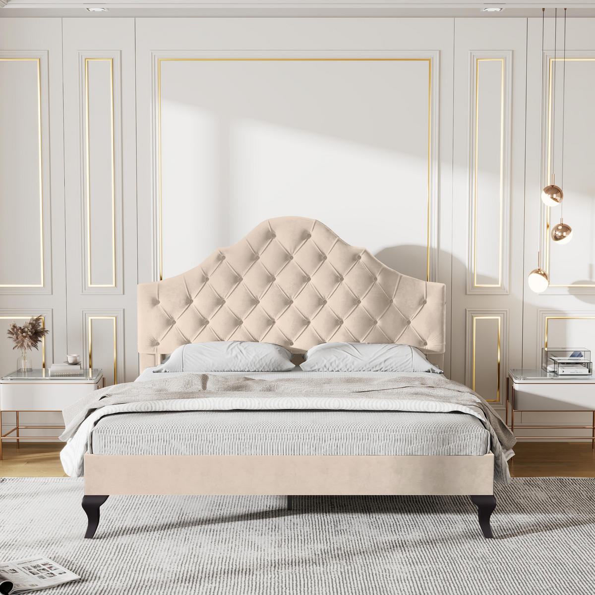 POLSTERBETT 140/190 cm beige aus Samt mit höhenverstellbarem Kopfteil - Beige, Textil (140/190cm) - OKWISH