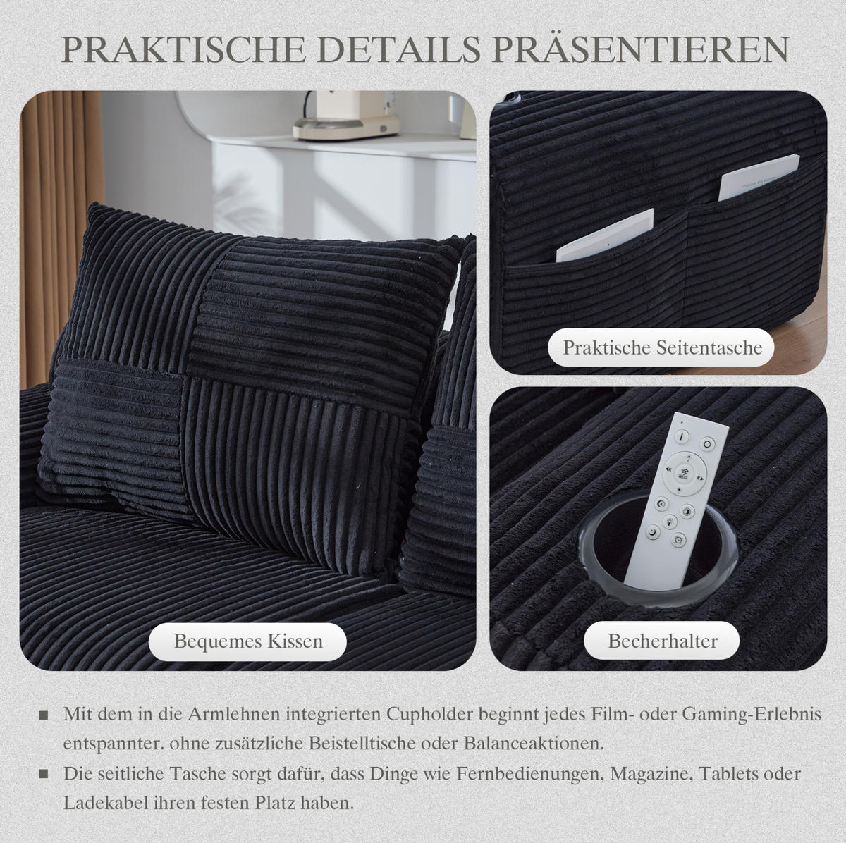 WOHNLANDSCHAFT 268/174/66 cm in Schwarz, modular mit 2 Hockern und Cupholder - Schwarz, Textil (174/80/268cm) - Flora Grace