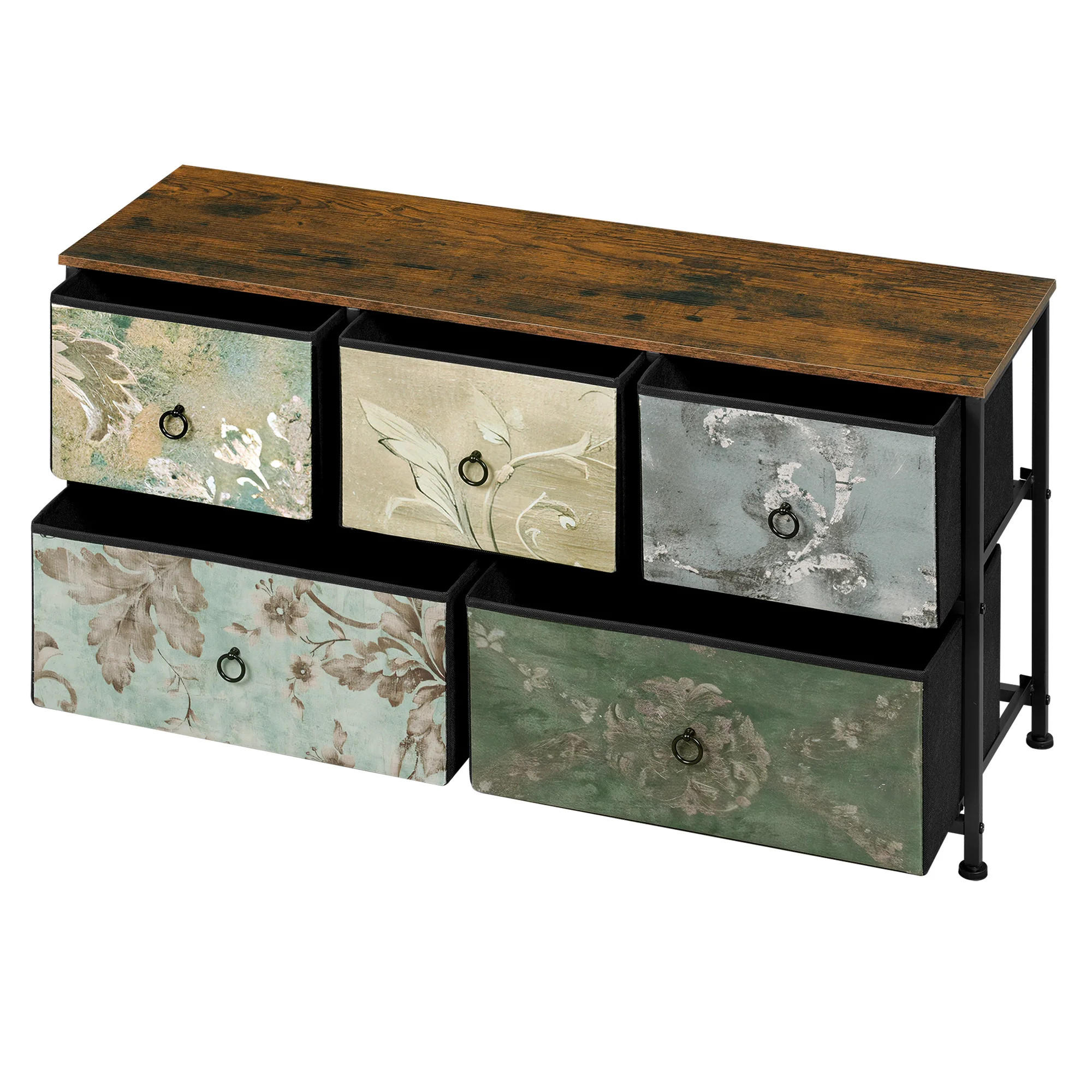 KOMMODE DE-38069 100/30/54 cm mit 5 Stoffschubladen Blumenmotiv - Multicolor, Metall (100/54/30cm) - ComfortXL