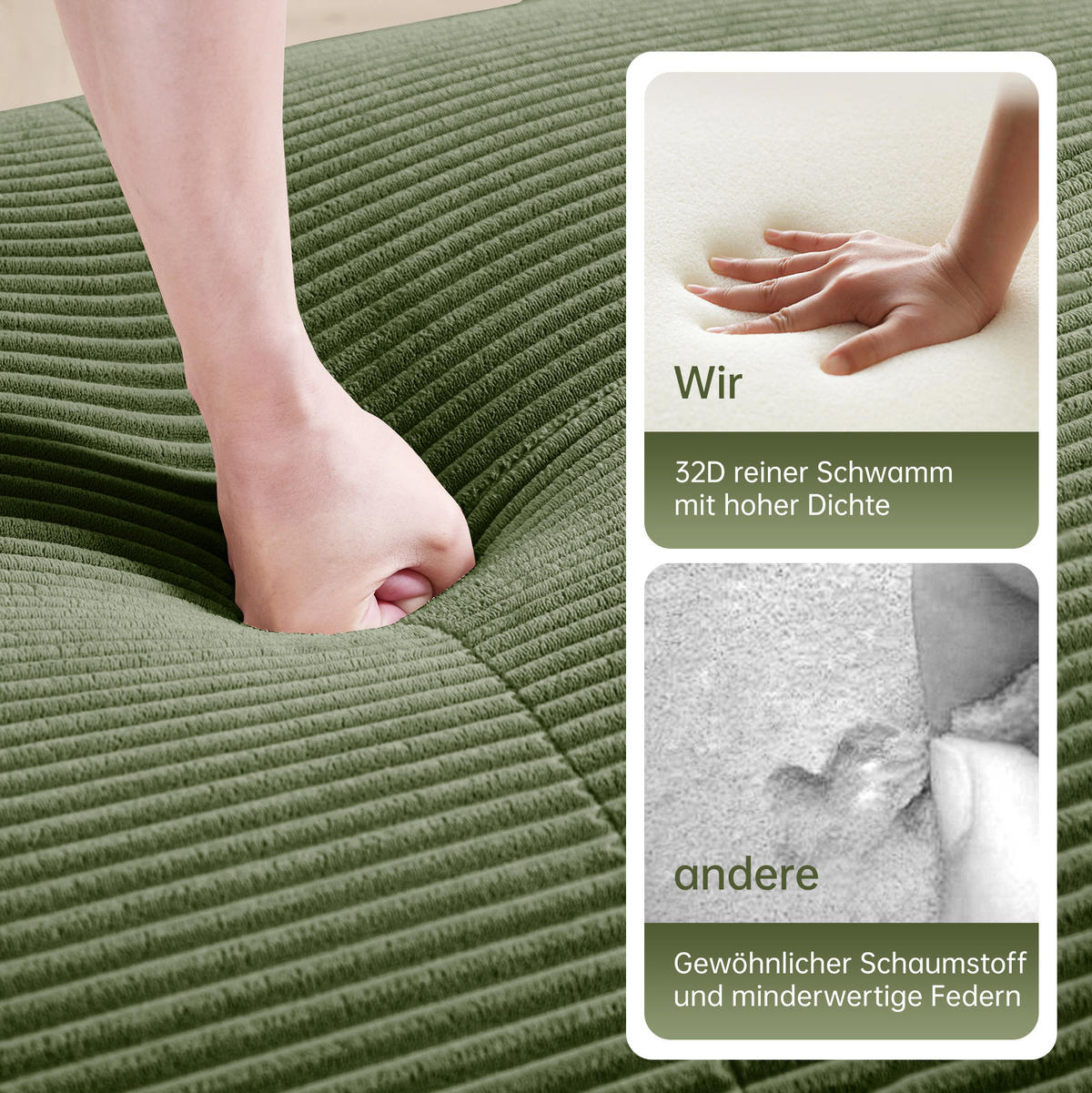ECKSOFA in Grün aus Cordstoff, modular, rahmenlos und ohne Montage - Grün, Textil (178/208cm) - Flora Grace
