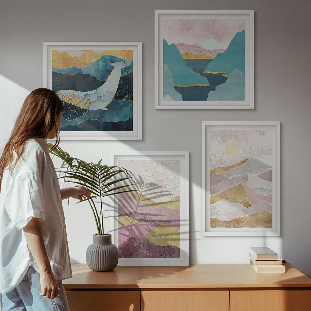 WANDBILDER 4er-Set - 50x50 cm & 40x60 cm Weißer Rahmen - Abstrakte Berge Sonne - Weiß, Kunststoff (50/50cm) - ArtPrintCave