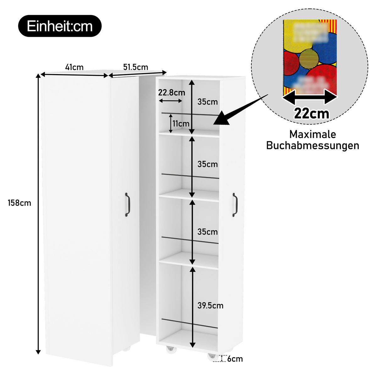 HIGHBOARD 51,5/41/158 cm in Weiß mit 8 offenen Fächern und Rollen - Weiß, Holzwerkstoff (51.5/158/41cm) - BEAOK