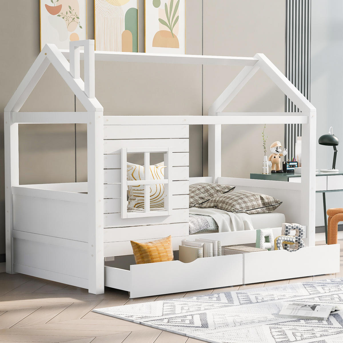 KINDERBETT 90/200 cm weiß aus Kiefer mit Fenster und Schubladen - Weiß, Holzwerkstoff (90/200cm) - OKWISH