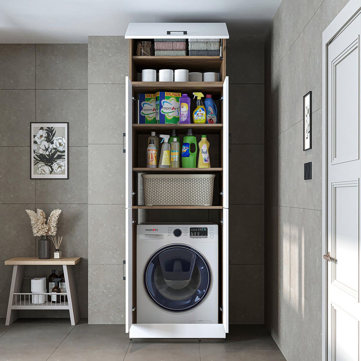 WASCHMASCHINENSCHRANK DORA-II 70cm Breit, 230cm Hoch - Eiche Bianco, Holzwerkstoff (70/230/74cm)