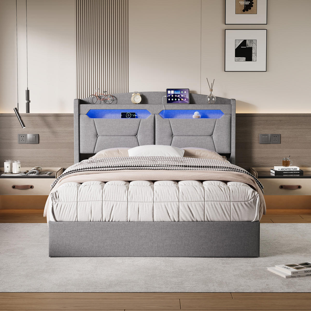 POLSTERBETT 140x190 cm Hellgrau Leinen LED USB Kopfteil Bettkasten - Grau, Holz (140/190cm) - SHOPENTRA