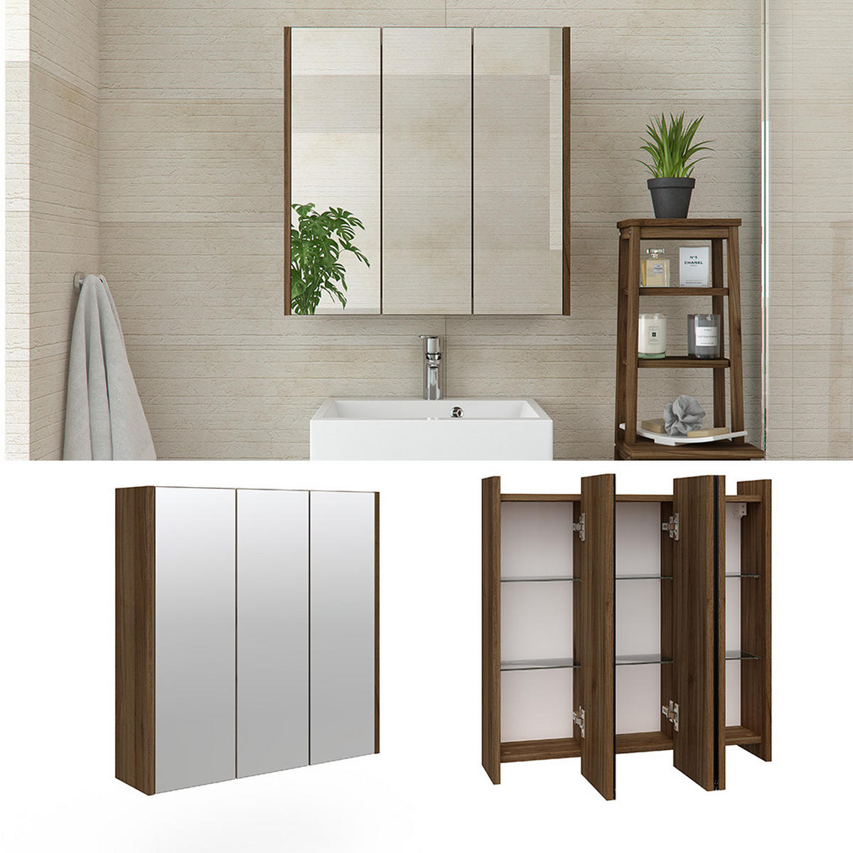 KOUPELNOVÁ ZRCADLOVÁ SKŘÍŇKA Majest Antracitový vysoký lesk - barva vlašského ořechu, kompozitní dřevo (67.4/68/17cm) - Vicco