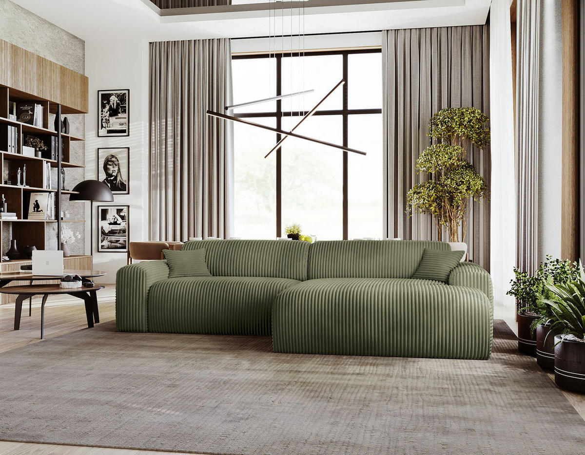 ECKSOFA mit Longchair - Cord - Schwarz/Grün, Kunststoff/Textil (284/178cm) - home24
