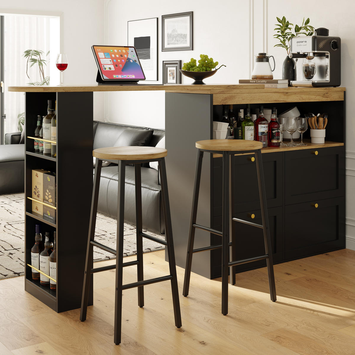 KÜCHENINSEL Stauraum Barhocker Schwarz Holzoptik - Multicolor, Metall (138/105/39cm) - FLIEKS