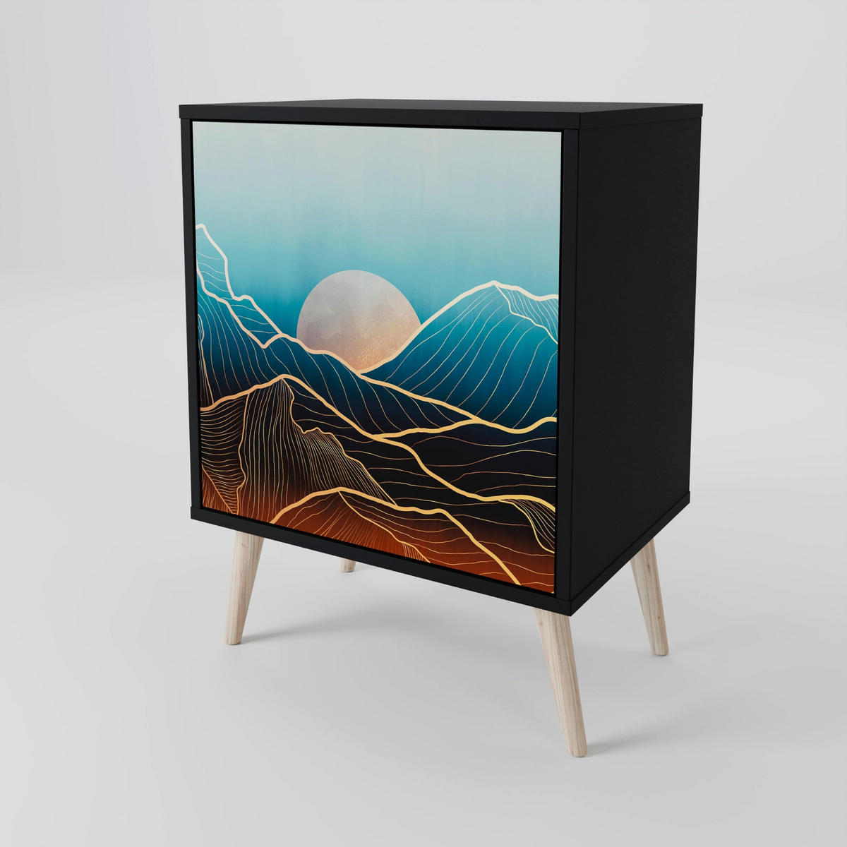 SIDEBOARD LUNAR SECRETS, Schwarz, 57,5x42x72,5 cm, Schwarze Metallfüße - Multicolor/Schwarz, Holzwerkstoff/Metall (57.5/72.5/42cm) - SpaceRebels