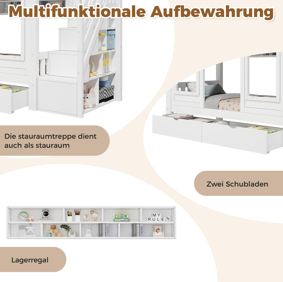 KINDERHOCHBETT 90x200 cm in Weiß mit Stauraumtreppe und Schublade - Weiß, Holz (90/200cm) - IVMEU