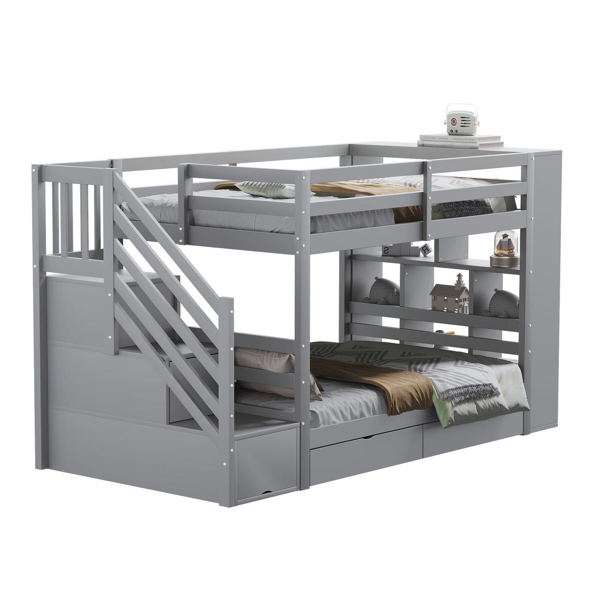 ETAGENBETT 90/200 cm Grau mit Sicherheitstreppe und Stauraum - Grau, Holz (90/200cm) - OKWISH