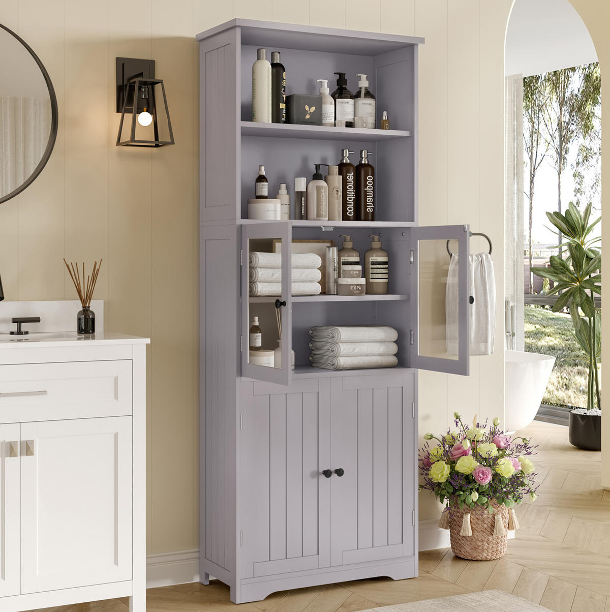 BADEZIMMER-HOCHSCHRANK 57.4x28.5x160cm in Grau, feuchtigkeitsbeständig mit 4 Türen - Grau, Holzwerkstoff (57.4/160/28.5cm) - Modfu