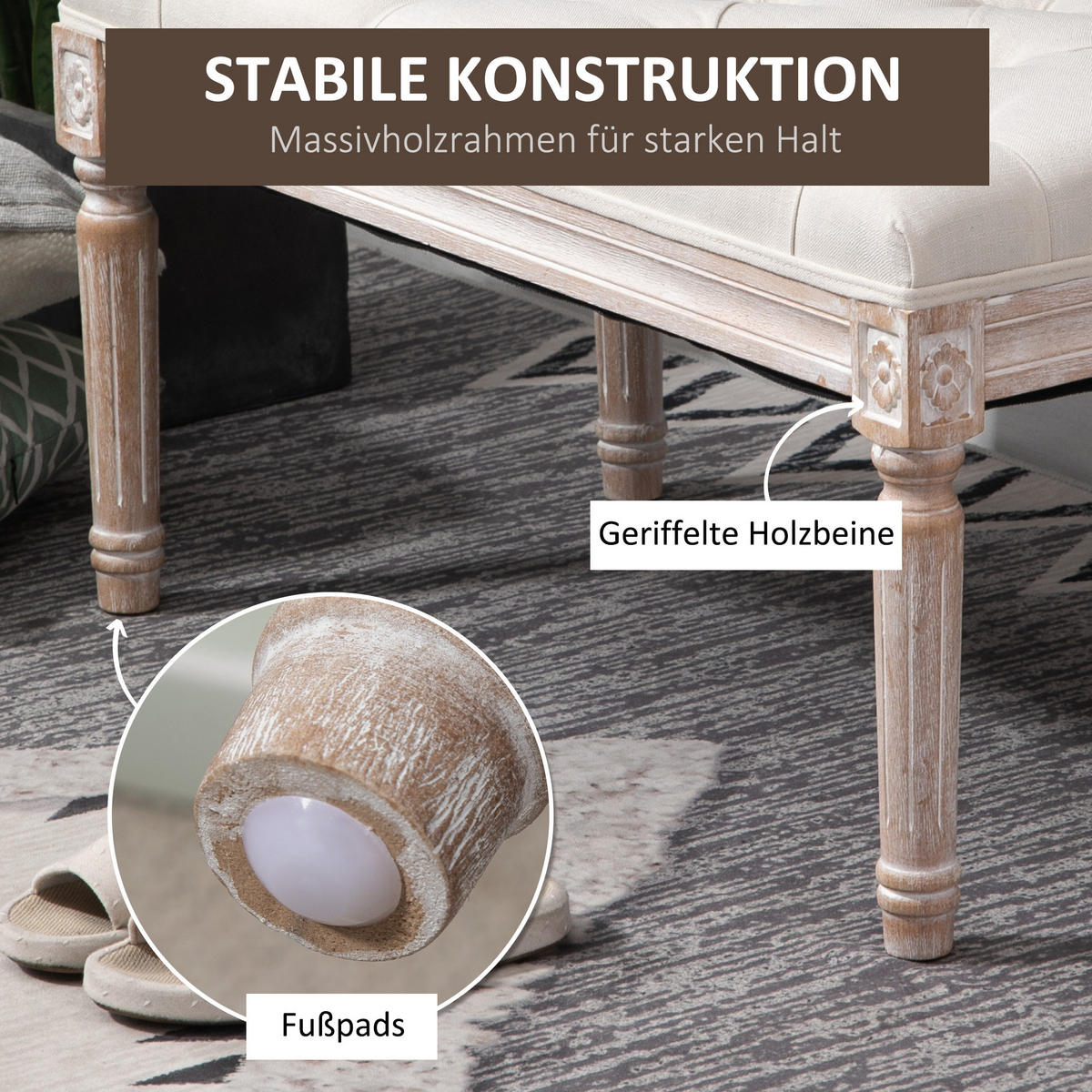 SITZHOCKER, Polsterbank mit Leinenoptik, Cremeweiß - Weiß, Kunststoff (80/43/40cm) - HOMCOM
