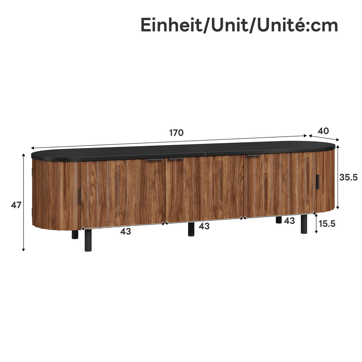 TV-LOWBOARD Nussbaum MDF 170cm mit 5 Türen Riffel-Optik & Eisenfüßen - Walnussfarben, Holzwerkstoff (170/47/40cm) - Urban Meuble