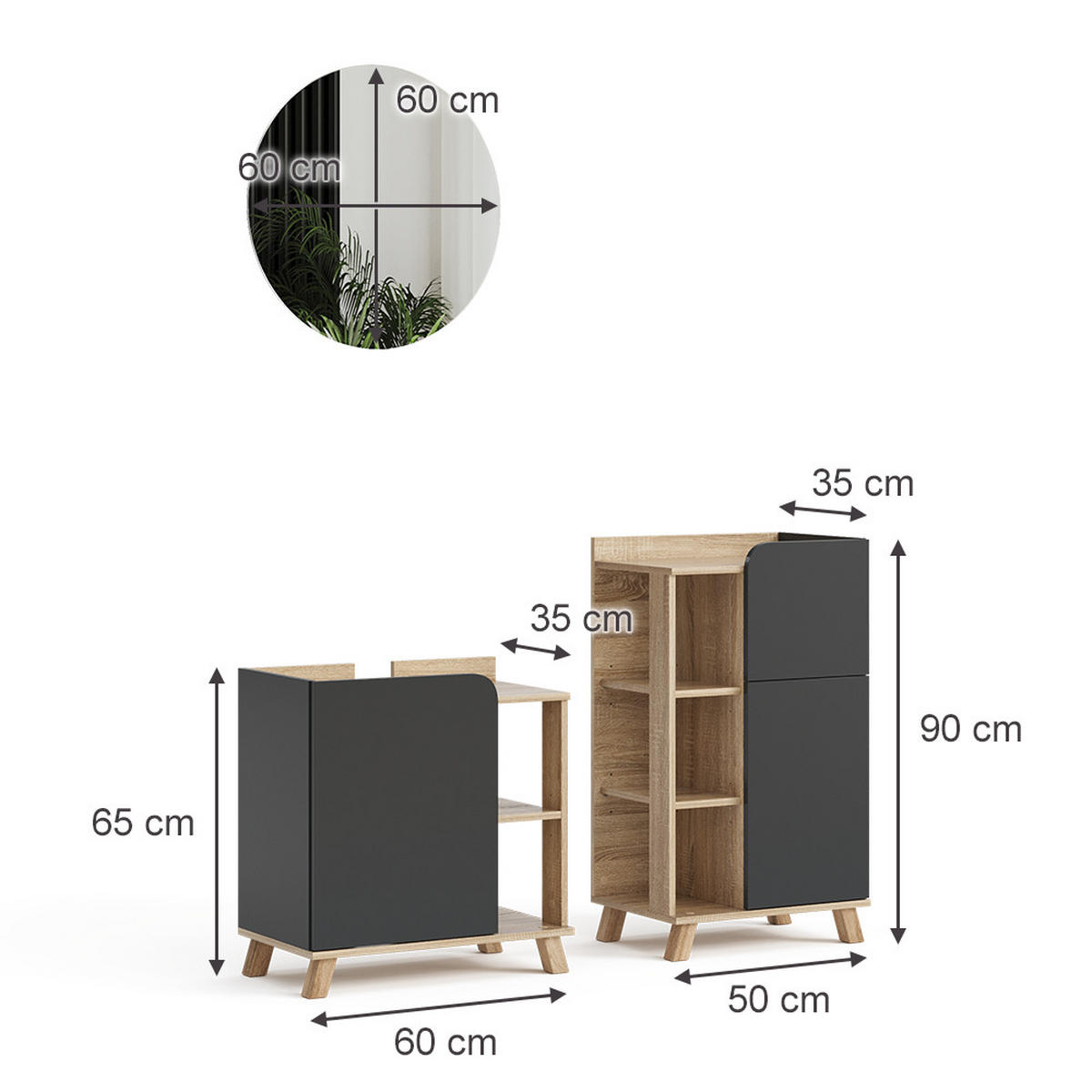 BADMÖBEL-SET Karen Anthrazit 3 Teile, mit Midischrank - Anthrazit, Holzwerkstoff (60/65/35cm) - Vicco