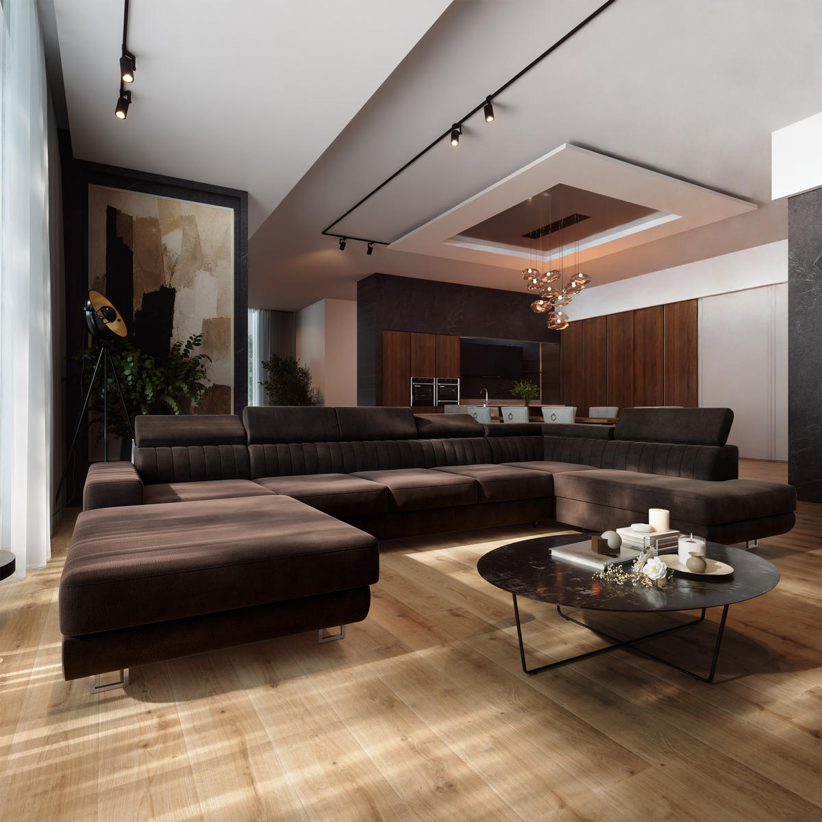 WOHNLANDSCHAFT GAIAN Braun Velours-Stoff mit Schlaffunktion - Braun, Holz (412/88/190cm) - MASSENO
