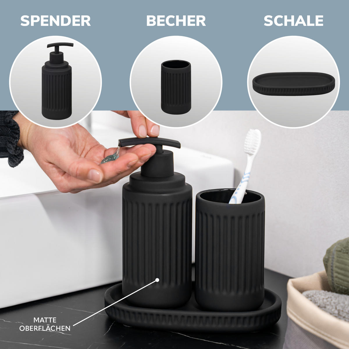 BAD-ACCESSOIRES-SET CASCINA, Soft-Touch, schwarz - Schwarz, Keramik (7/18/7cm) - eluno