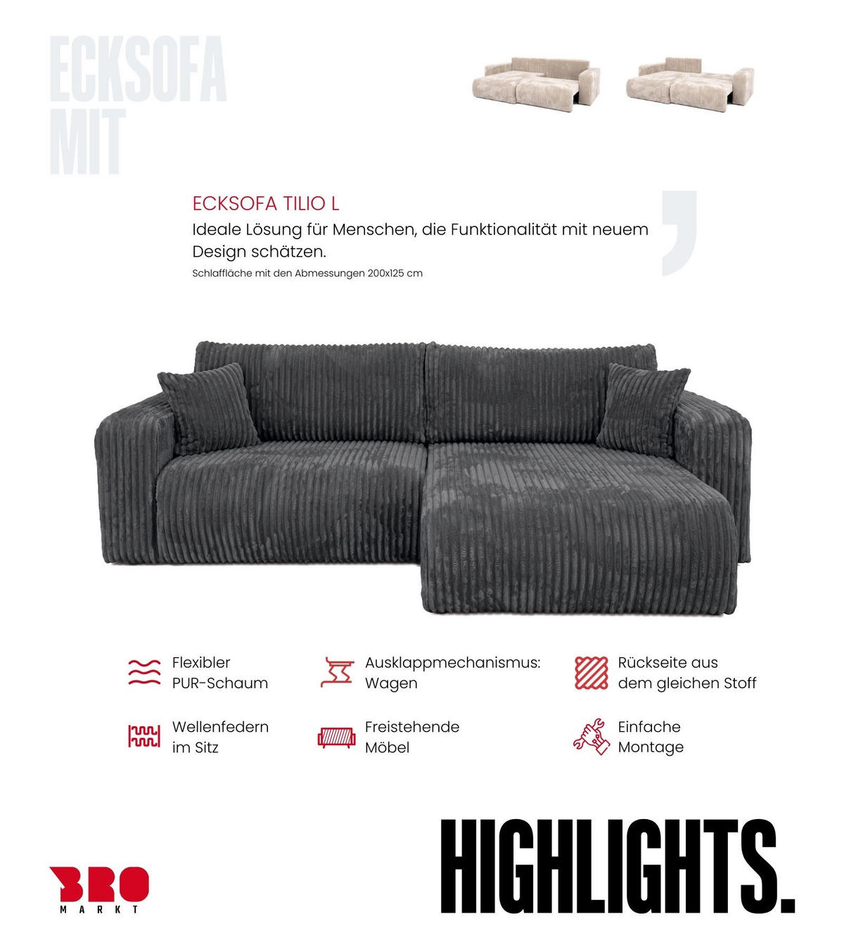 ECKSOFA mit Schlaffunktion TILIO Dunkelgrau - Dunkelgrau, Textil (244/148cm) - Bromarkt