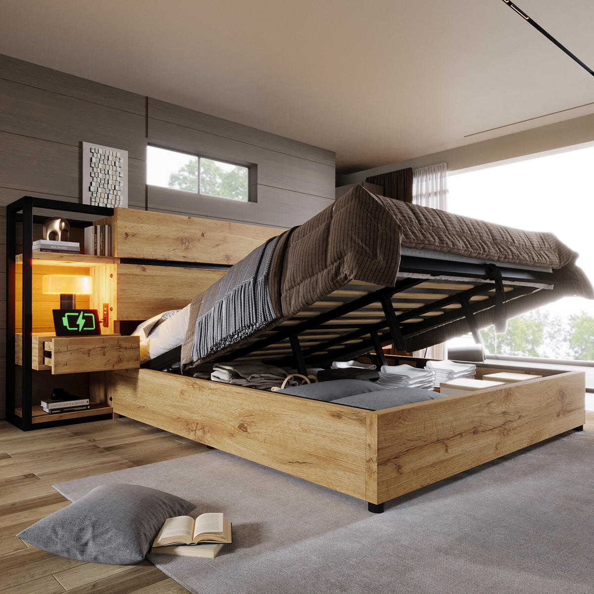 POLSTERBETT 180/200 cm Beige mit 2 Schubladen und Stauraum-Kopfteil - Naturfarben, Holz (180/200cm) - Oxeza