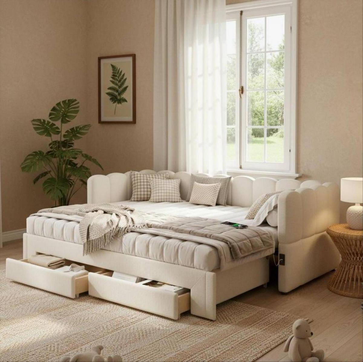 TAGESBETT 90/200 cm ausziehbar auf 180/200 cm mit 2 Schubladen, USB- und Typ-C-Anschluss, Leinenbezug, Beige - Beige, Textil (90/200cm) - Redom