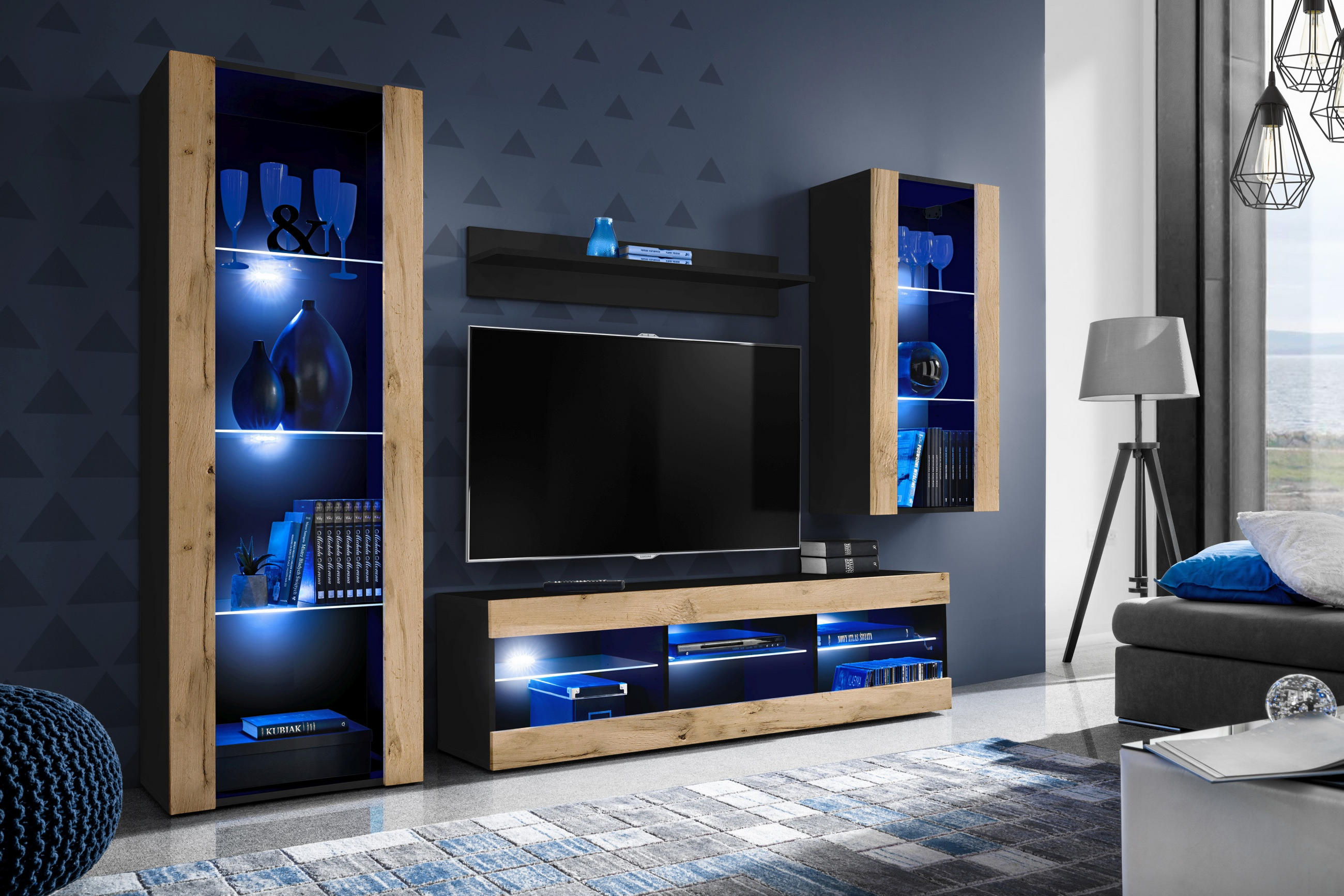 WOHNZIMMERSET TIVOLI MEDIO, 4er-Set, Eiche Wotan, LED Blau - Eiche Wotan/Schwarz, Glas/Holzwerkstoff (245/159/35cm) - Komodee