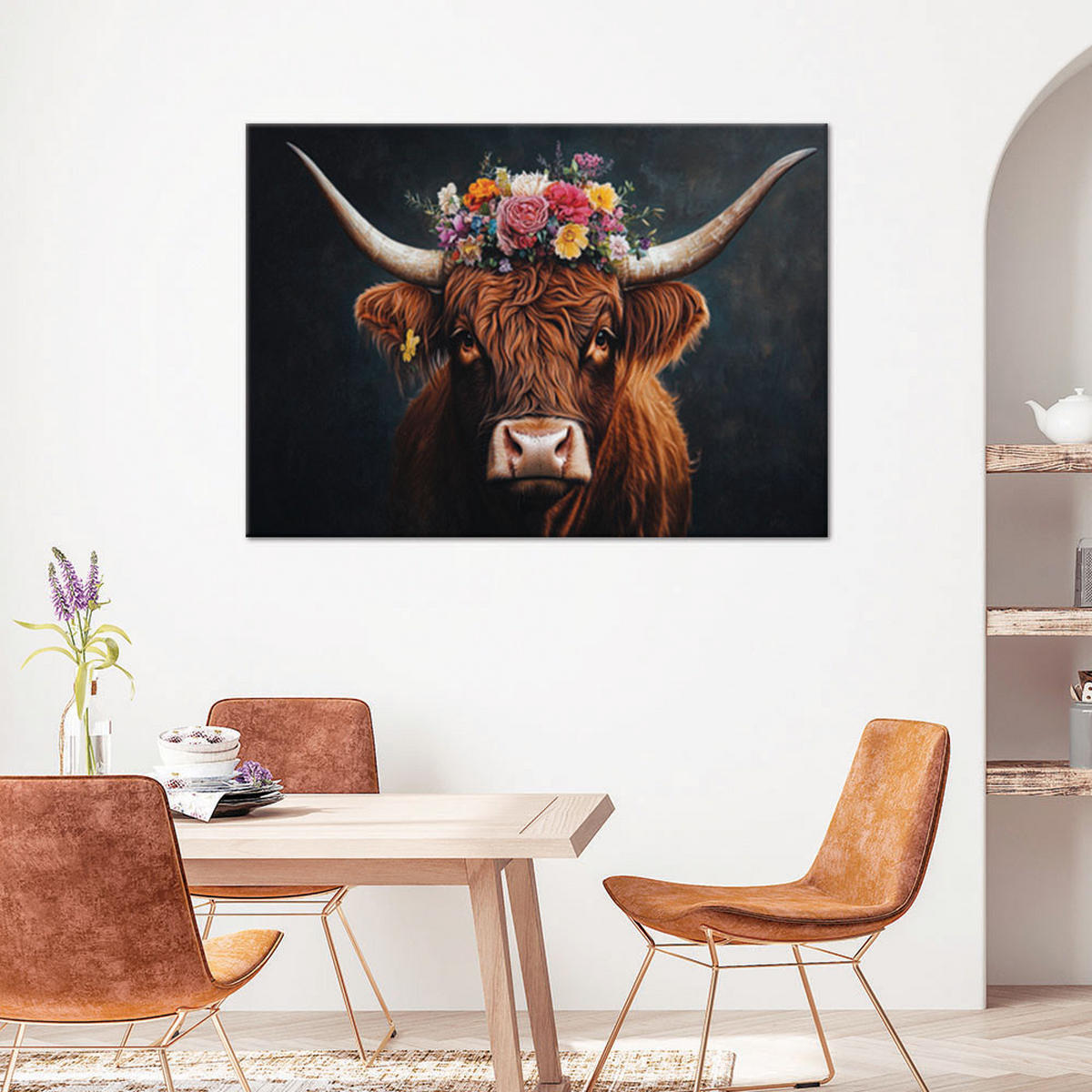 WANDBILD schottische hochlandkuh blumen - Multicolor, Textil (60/40cm) - Feeby