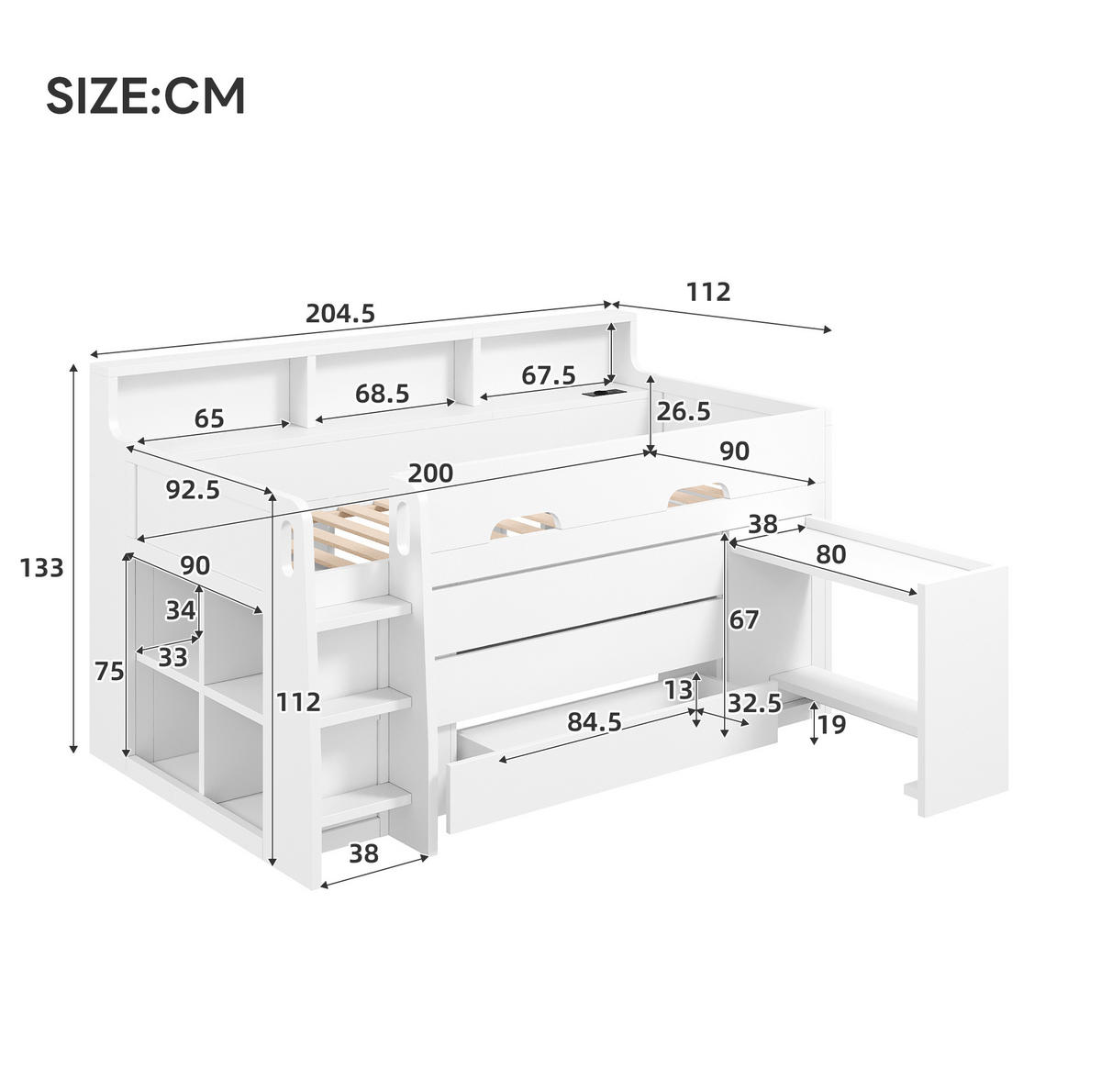 HOCHBETT 90/200 cm aus MDF und Sperrholz mit fahrbarem Schreibtisch und Stauraum Weiß - Weiß, Holzwerkstoff (90/200cm) - Modenvie