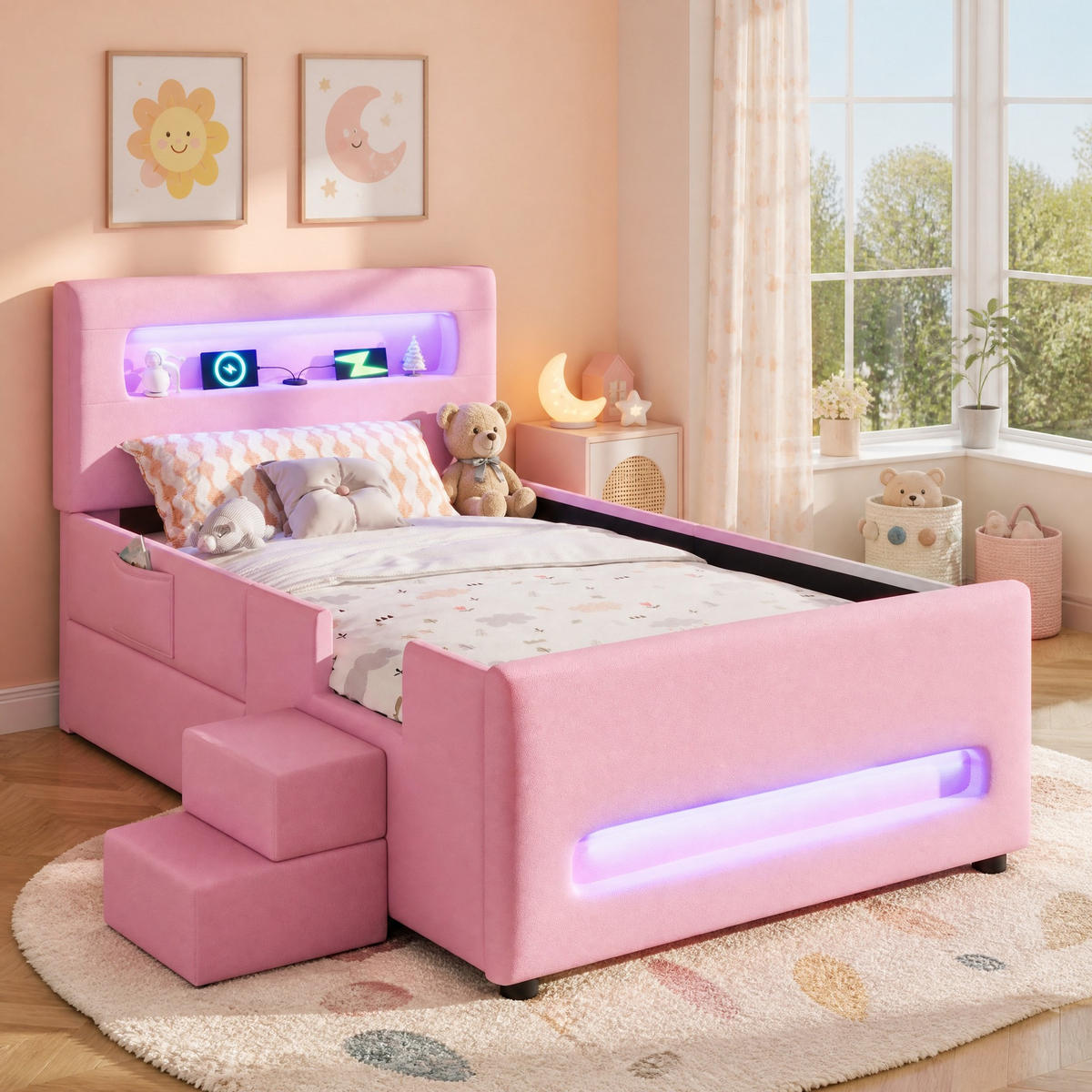 POLSTERBETT 90/200 cm in Rosa mit Schublade, LED und USB - Rosa, Holzwerkstoff/Textil (90/200cm) - CHICFURN