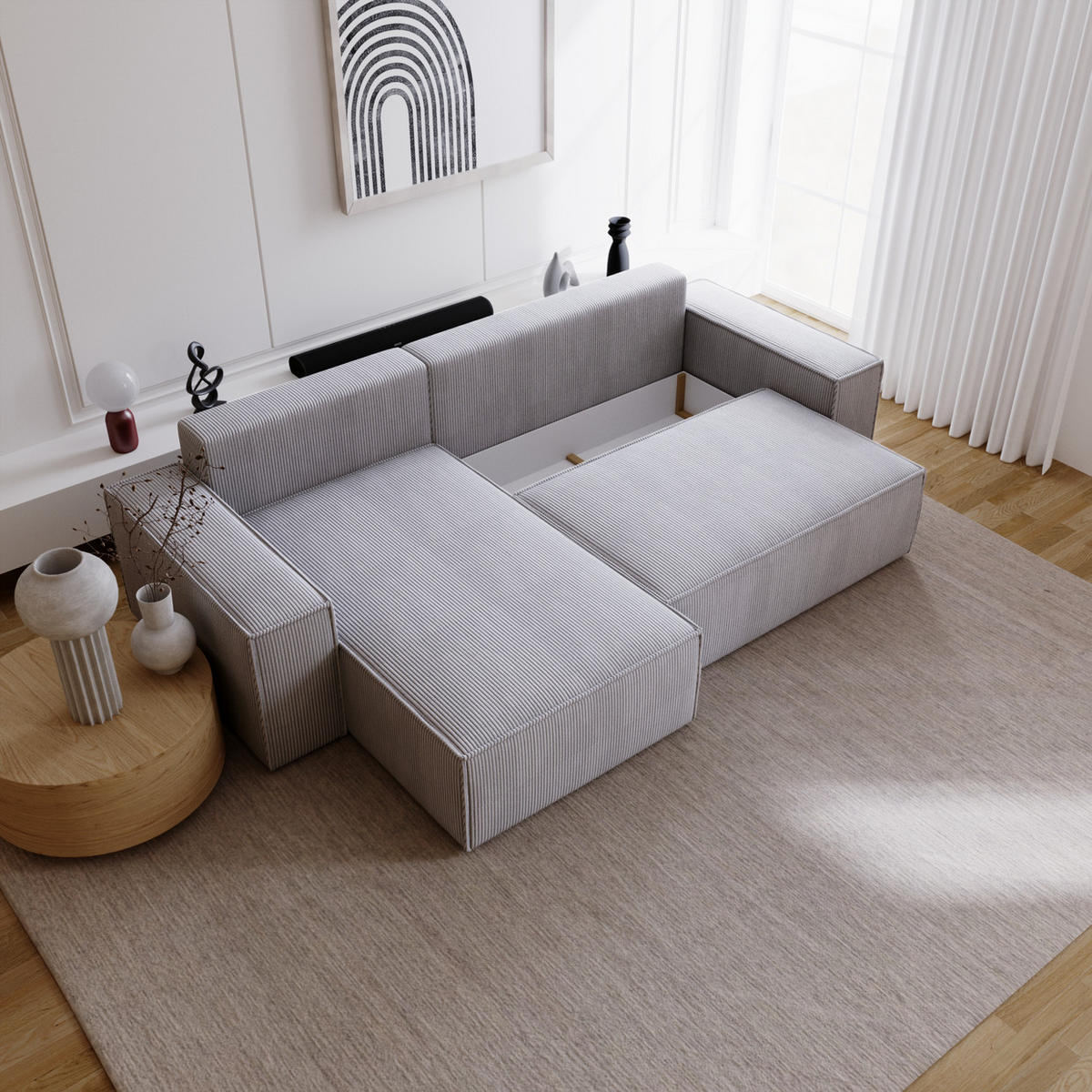 ECKSOFA Bergamo L mit Cordstoff, 280 cm, Schlaffunktion, Links - Hellgrau - Hellgrau, Holz (277/189cm) - Emporius